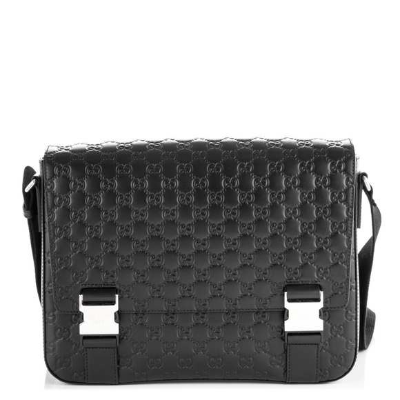 Gucci Guccissima Signature Medium Double Buckle Flap Messenger Bag Black - Picture 1 of 7
